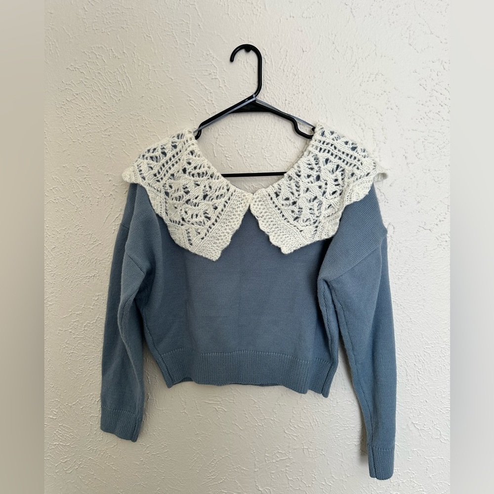 Debut Blue Sweater with Cream Crochet Collar